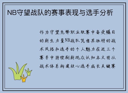 NB守望战队的赛事表现与选手分析