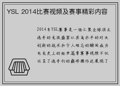 YSL 2014比赛视频及赛事精彩内容