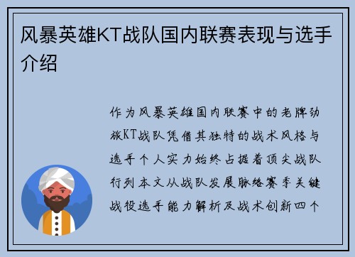 风暴英雄KT战队国内联赛表现与选手介绍